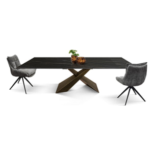 Tavolo FIGARI in vetroceramica bianco arabesco con gambe a X in metallo bronzo, allungabile 180x90 cm - 260x90 cm