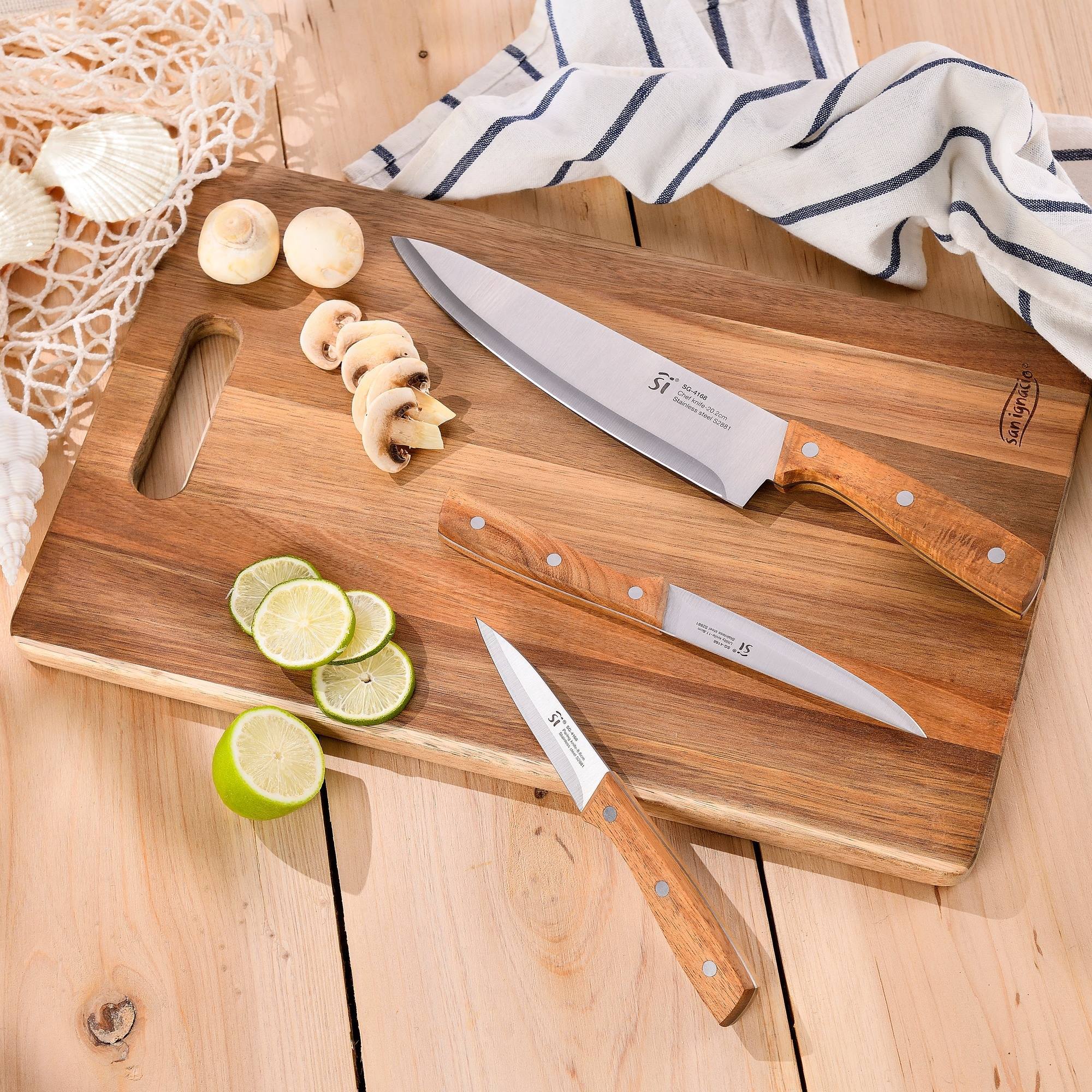 Set de cocina de 9Pzs: 3 Cuhillos en acero inoxidable + 5 Utensilios de silicona y madera + Tabla de corte 40x25cm NOIA San Ignacio