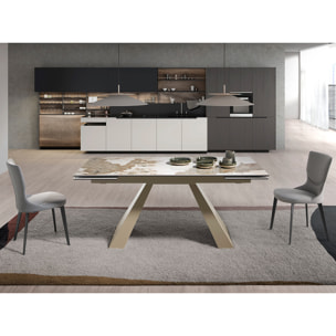 Mesa comedor extensible rectangular con tapa de mármol porcelánico blanco con vetas en tonos tierra en acabado brillo 180x90x76cm