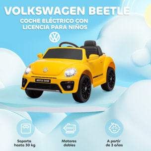 Coche Eléctrico para Niños de +3 Años Volkswagen Beetle Carro Eléctrico Infantil con Batería 12V Mando a Distancia Faros Bocina y Música Amarillo