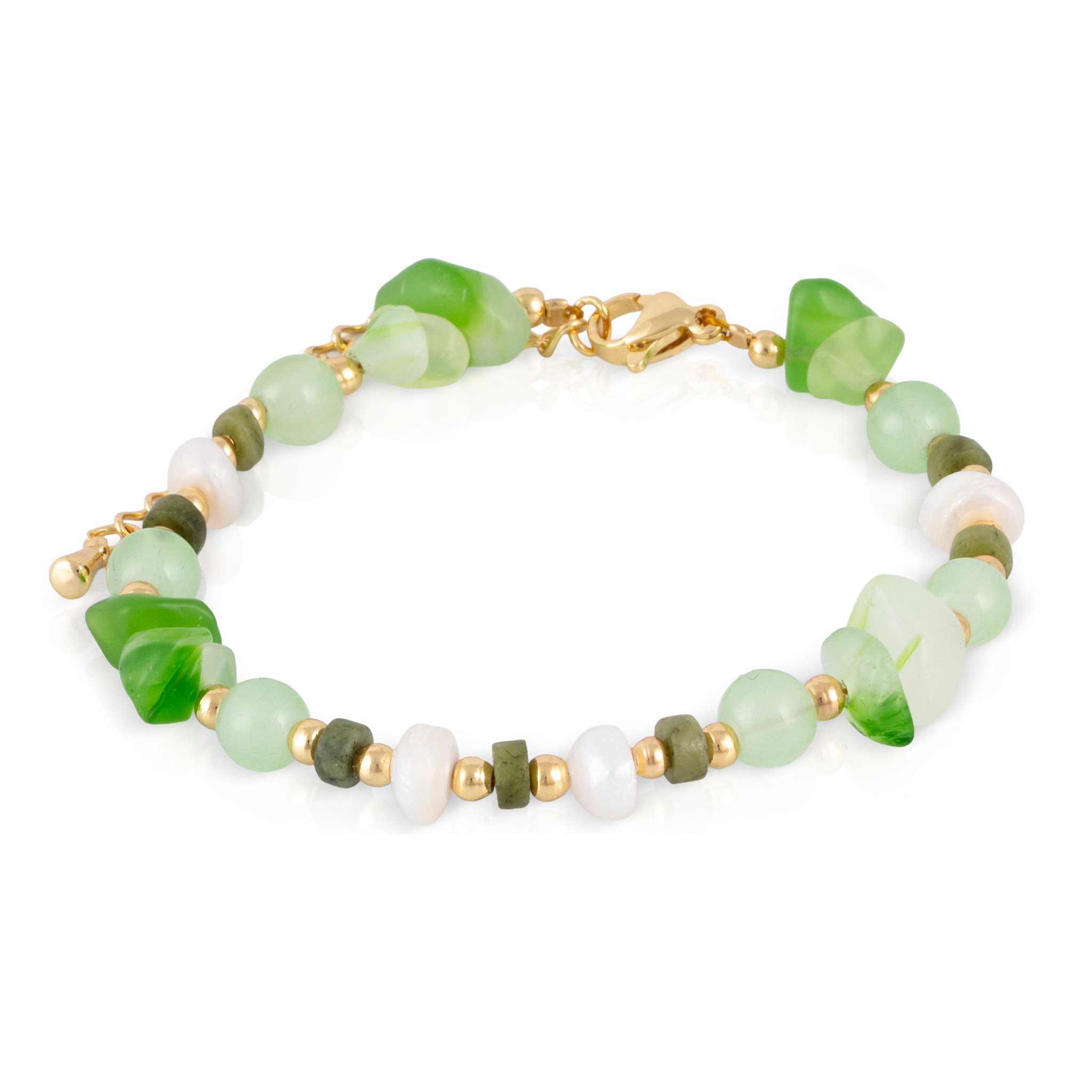 Pulsera de ágata verde y perlas naturales, con cierre de mosquetón.