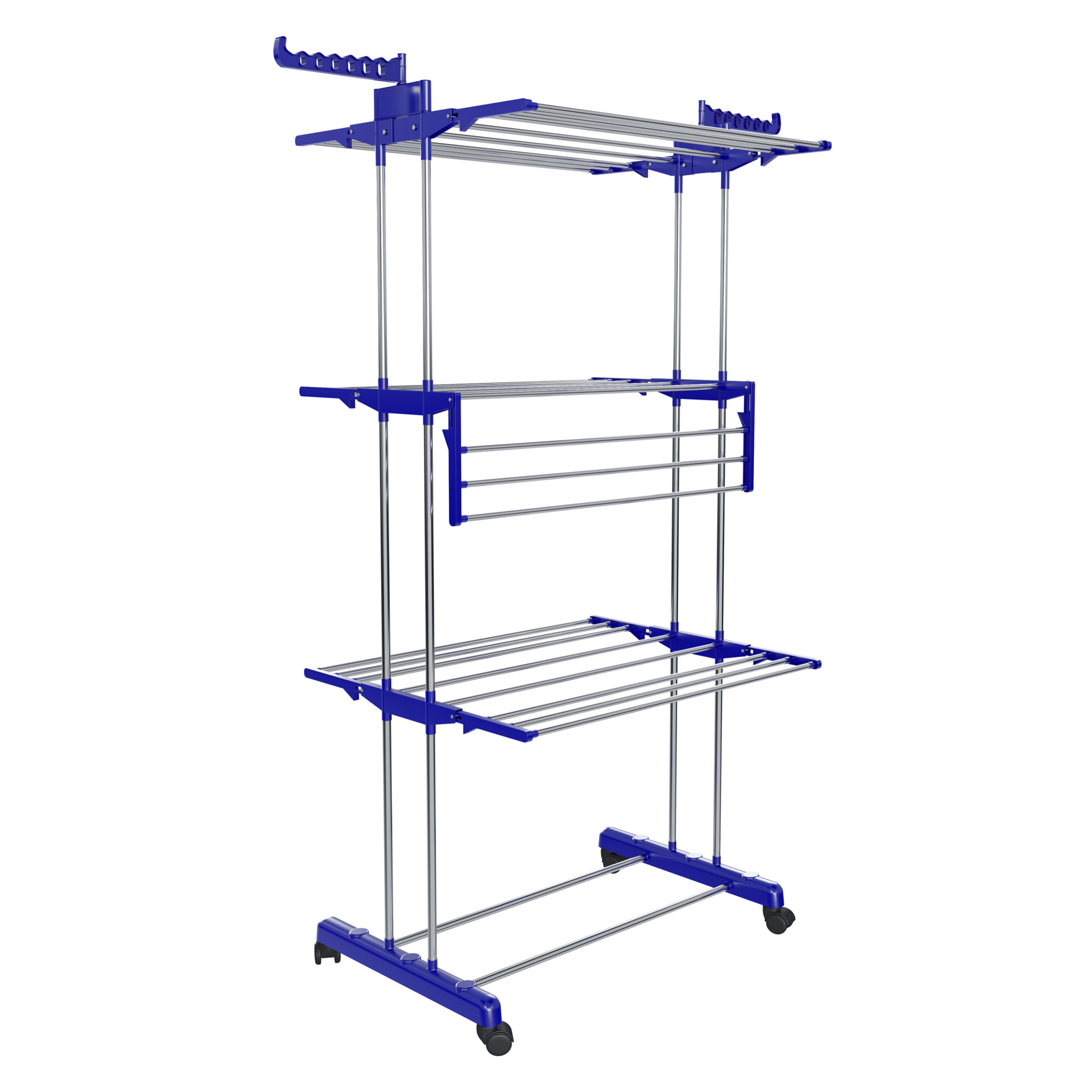 Stendibiancheria A Rotelle Stendino A Torre Verticale In Acciaio E ABS 4 Piani Pieghevole Salvaspazio Con Ali Richiudibile Biancheria Interno Blu