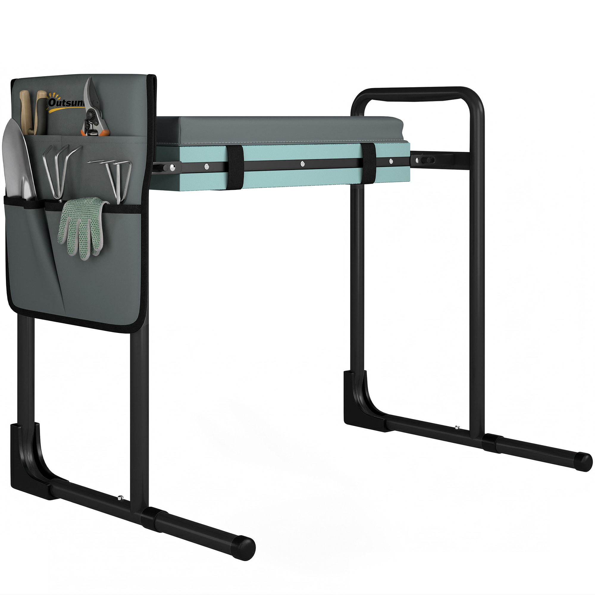 Taburete de Jardín Plegable con Almohadilla de Espuma EVA, Asiento de Jardín Portátil con Bolsa para Herramientas, Patas Extensibles, Carga 150kg, Regalo para Jardineros Ancianos, Gris Oscuro