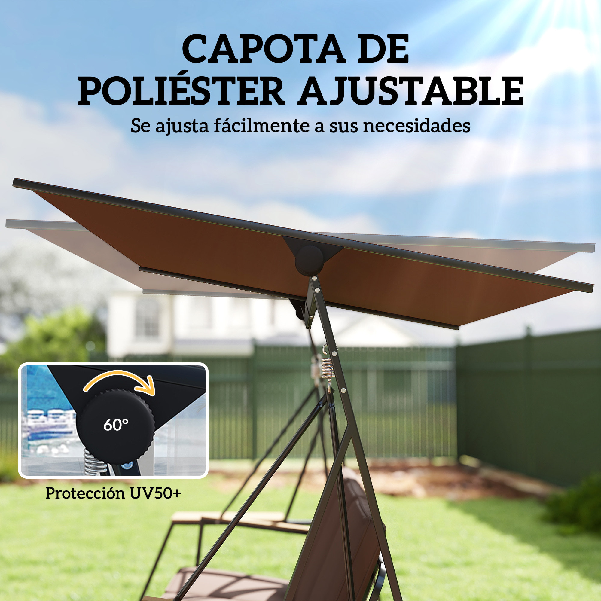 Columpio de Jardín de 3 Plazas, Balancín de Jardín Exterior con Techo Ajustable UPF50+, 2 Bandejas, Cojines y Marco de Metal, para Balcón, Terraza, Patio, Carga 360 kg, 222x131x175 cm, Marrón