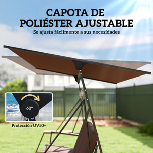 Columpio de Jardín de 3 Plazas, Balancín de Jardín Exterior con Techo Ajustable UPF50+, 2 Bandejas, Cojines y Marco de Metal, para Balcón, Terraza, Patio, Carga 360 kg, 222x131x175 cm, Marrón