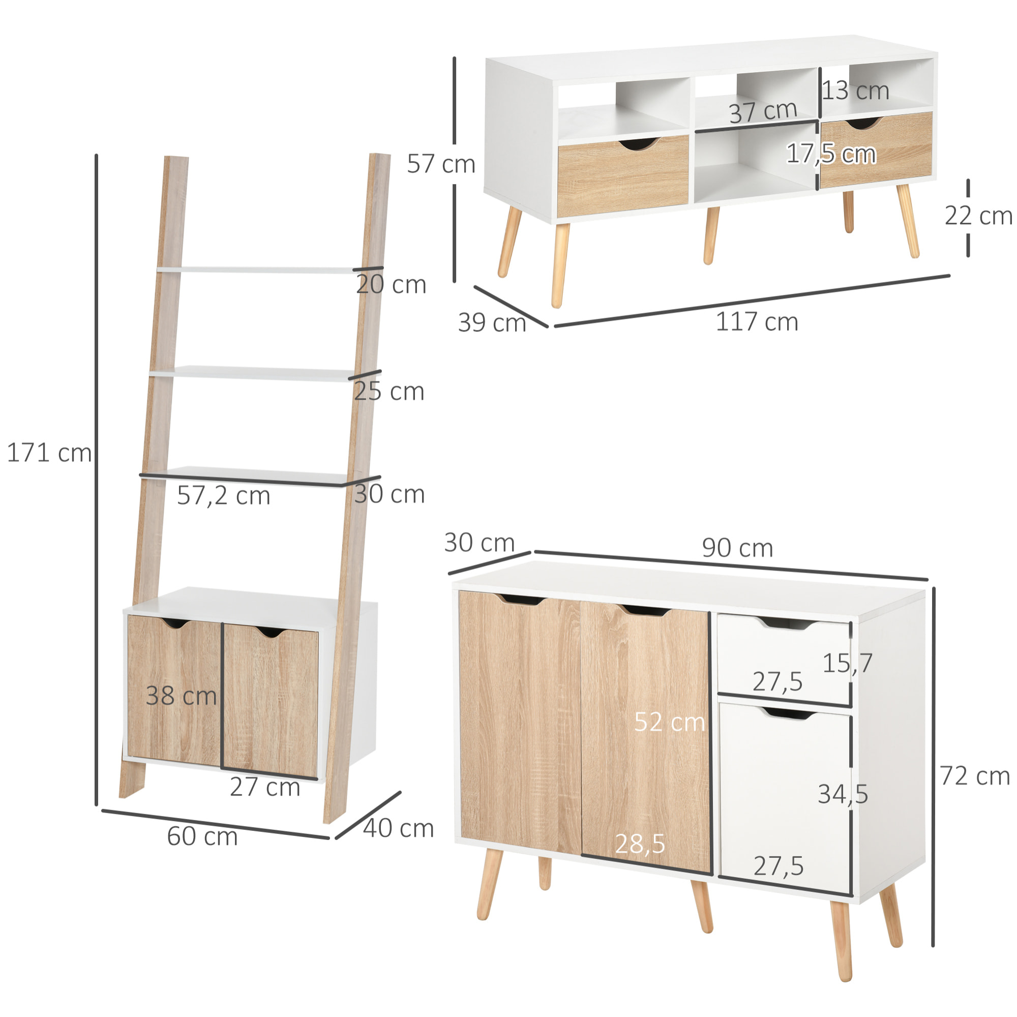 Conjunto para el Hogar Incluye 1 Mueble de TV para Televisiones hasta 50 Pulgadas 1 Aparador Auxiliar y 1 Estantería en Forma de Escalera Blanco y Natural