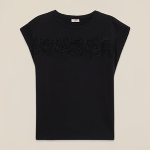 Oltre - T-shirt in jersey con inserto in pizzo - Nero