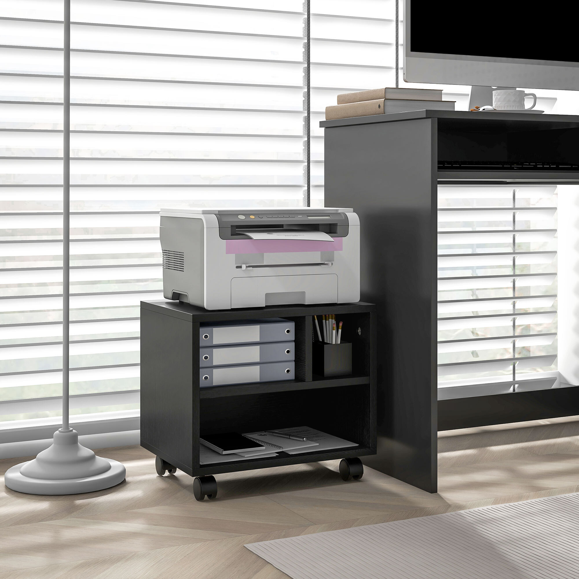 Mueble de Impresora con Ruedas Soporte de Impresora con Compartimentos Abiertos para Oficina Estudio 40x30x36 cm Negro