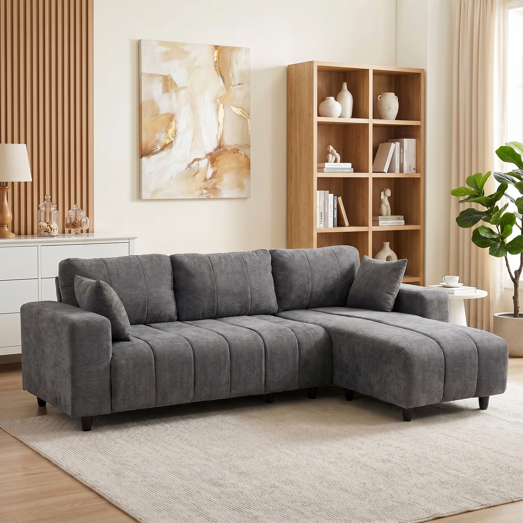 Canapé d'angle réversible 3 places design look matelassé 2 coussins déco tissu toucher lin gris