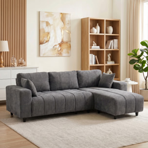 Canapé d'angle réversible 3 places design look matelassé 2 coussins déco tissu toucher lin gris