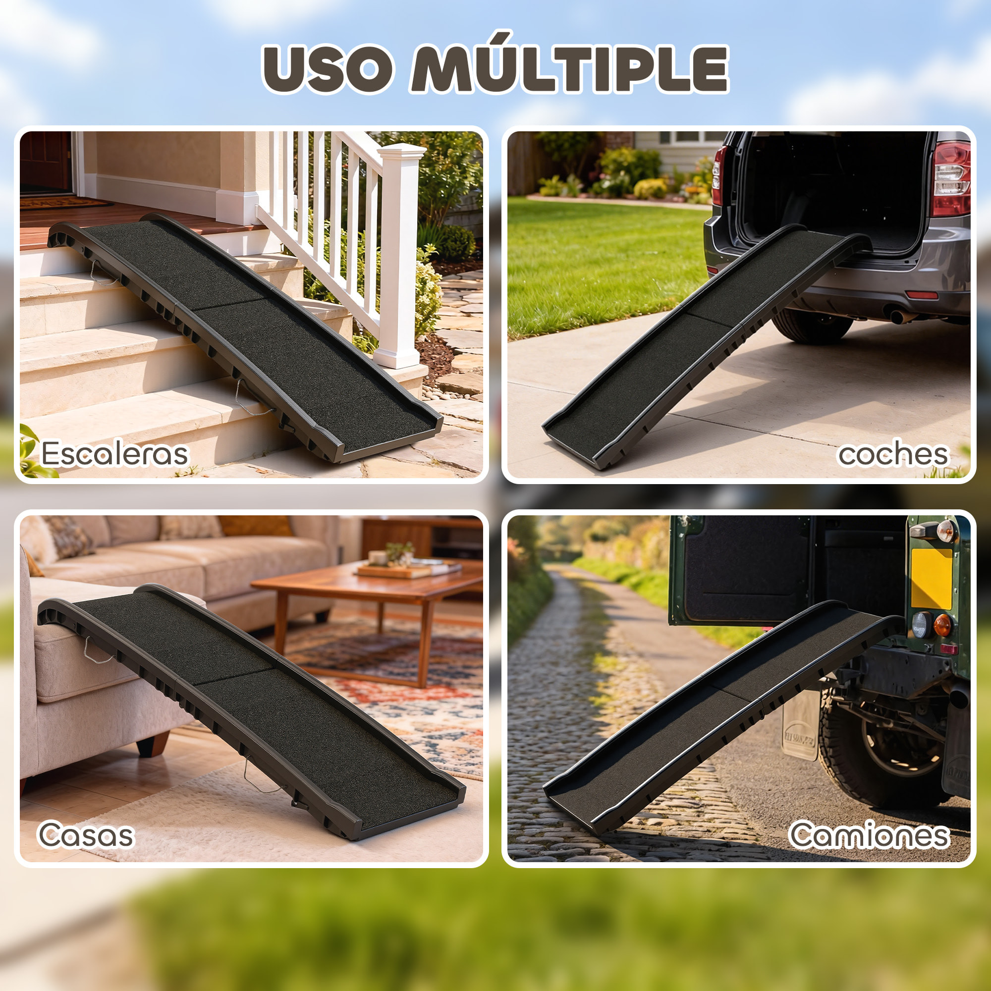 PawHut Rampa para Perros Superficie Esmerilada, 155 cm, Rampa para Perros para Coche Plegable con Asa, Ángulo Ajustable, Antideslizante, para Todas las Razas, para Cama, Sofá, Negro