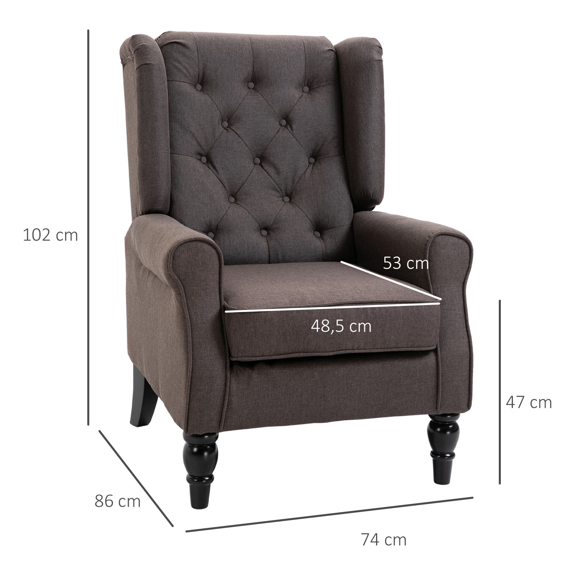 Fauteuil à oreilles style Chesterfield dossier capitonné grand confort bois noir tissu chocolat