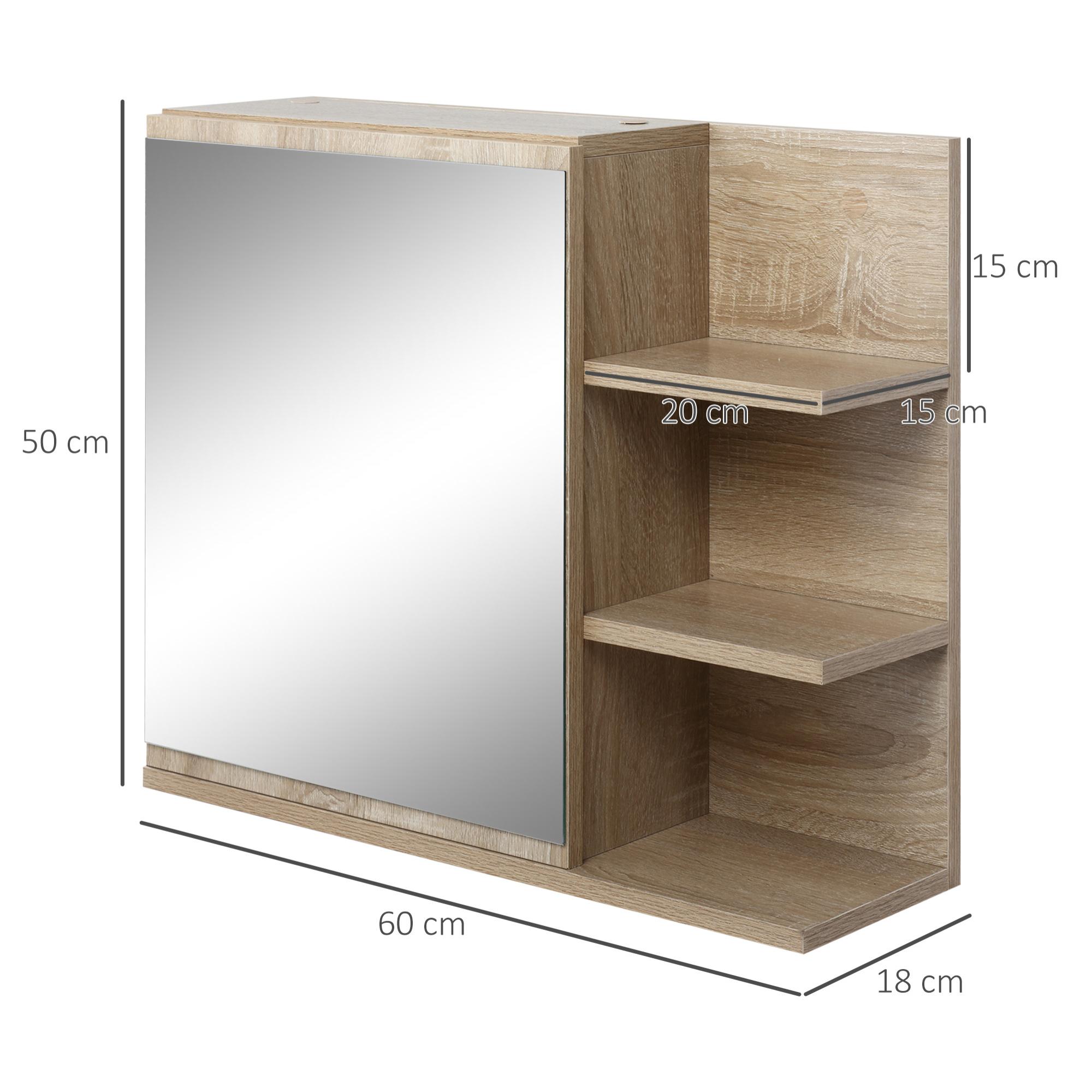 Armario de Baño con Espejo Armario con Espejo para Baño con 3 Estantes Abiertos y 1 Estante Interior Mueble para Baño Estilo Moderno 60x18x50 cm Natural