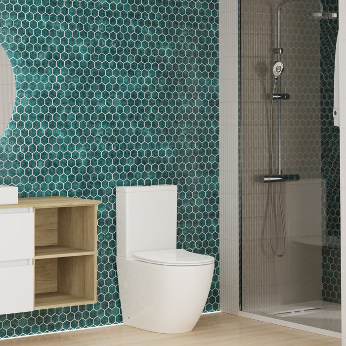 Pack WC A3 + Manguito conector | Inodoro de ceramica | Manguito extensible 150-470mm | WC con Tapa amortiguada | Doble descarga | Salida dual | Alday