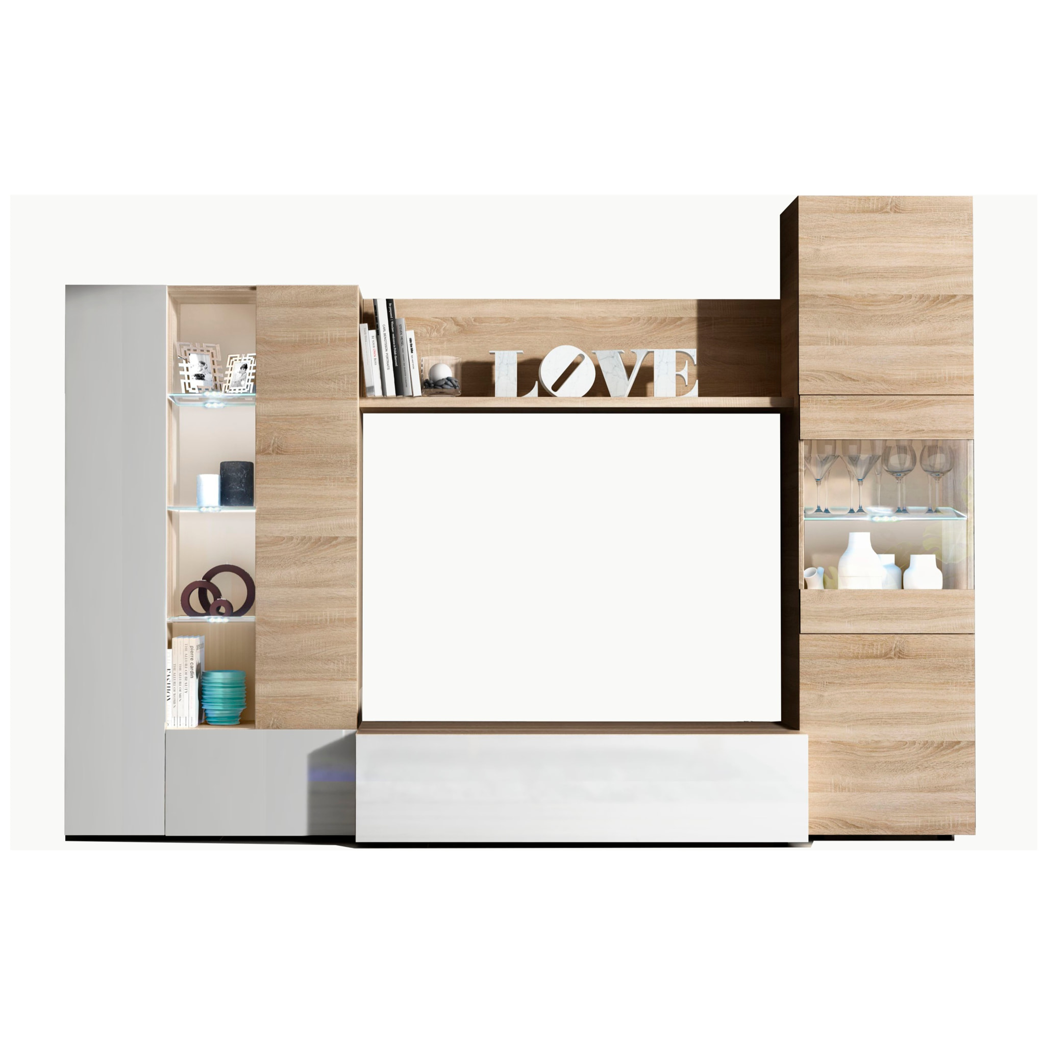 Parete Attrezzata Mobile Soggiorno TV Salotto Base Televisione Con Scaffali Illuminati LED Sala Pranzo Design Moderno 260x185x42 cm Bianco Rovere