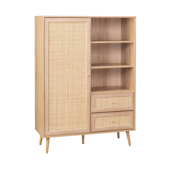 Buffet de rangement cannage et décor bois. buffet haut. vaisselier. 1 porte. 2 tiroirs. 6 étagères