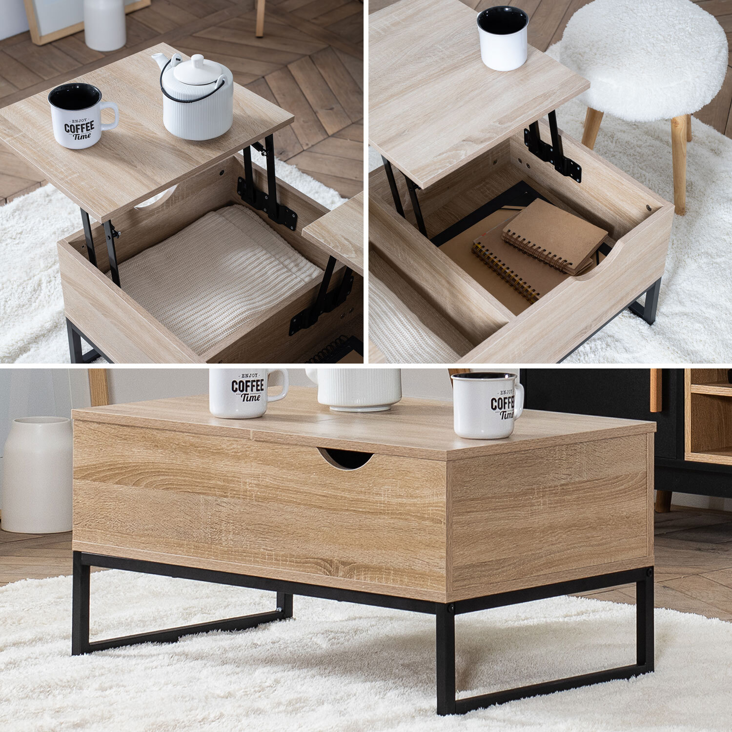 Table basse avec plateaux relevables noire et bois LOTTA