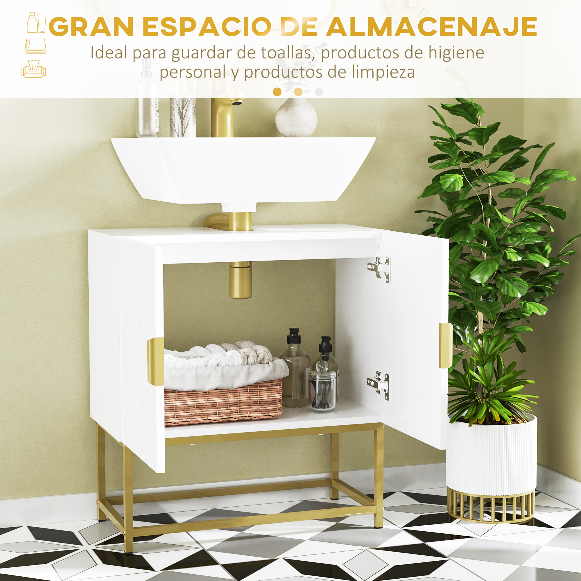 Mueble para Debajo del Lavabo Armario para Lavabo de Baño Moderno Armario Bajo con 2 Puertas y Patas de Acero Dorado 60x30x65 cm Blanco