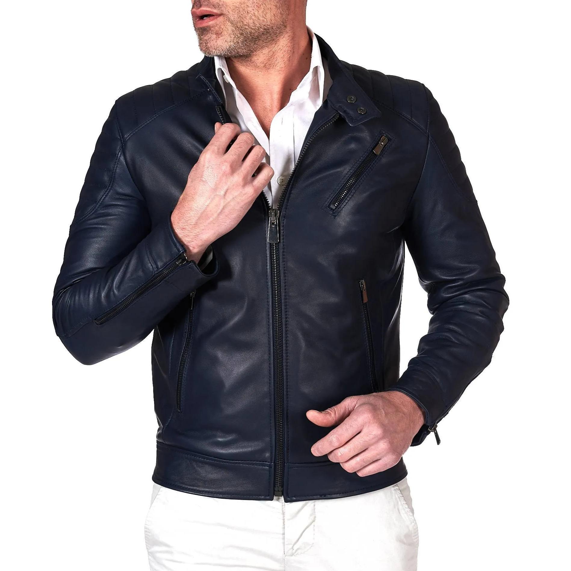 Giacca moto in pelle blu biker trapuntato spalle effetto liscio