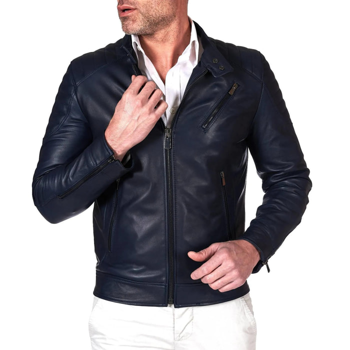 Giacca moto in pelle blu biker trapuntato spalle effetto liscio