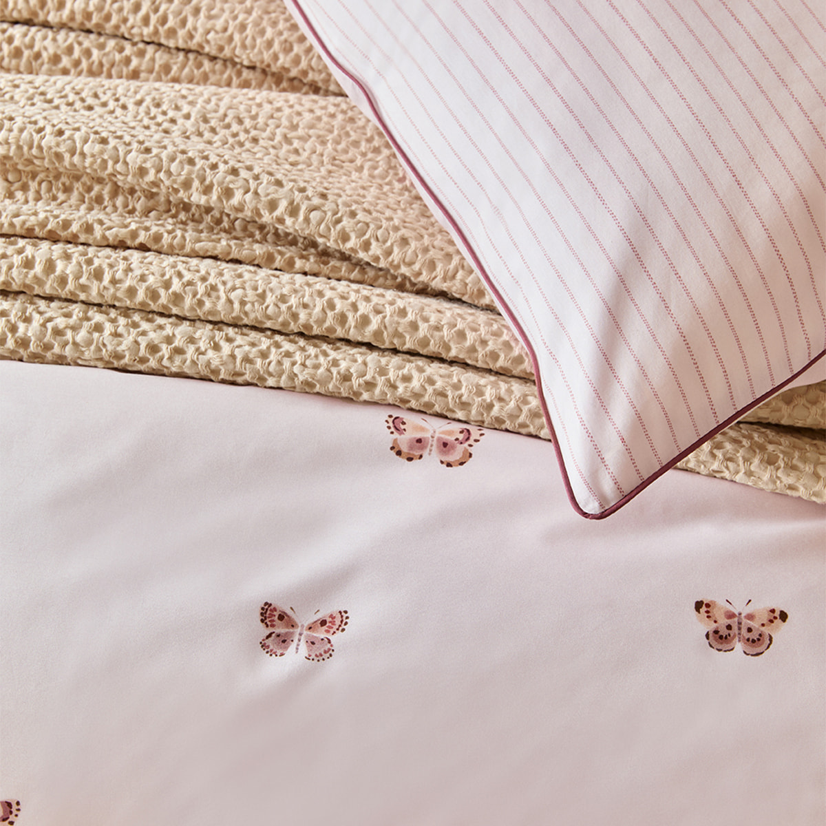 Parure de lit Housse de couette + Taie rectangles en percale de coton, DÉLICATESSE, Rose foncé