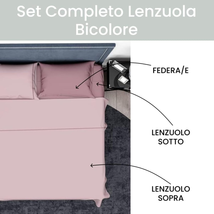 Completo lenzuola una piazza e mezza in cotone bicolore morbido e traspirante, set letto con lenzuolo sopra, sotto con angoli e federa, design con piping a contrasto elegante, tessuto leggero e resistente 116 gsm, certificato OEKO-TEX, comfort quotidiano