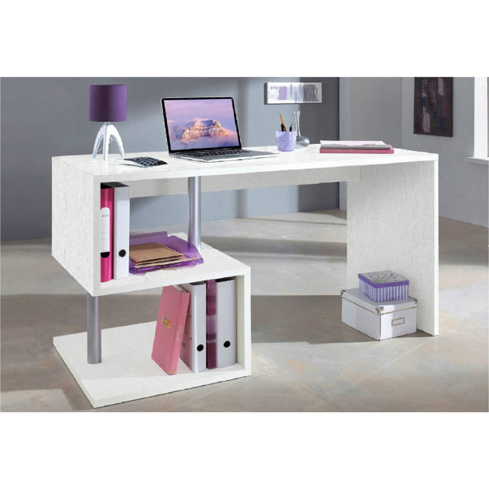 Scrivania moderna ad Esse per ufficio e studio con scaffale, Made in Italy, Tavolo da computer, Scrittoio porta PC, cm 140x60h75, colore Bianco frassinato