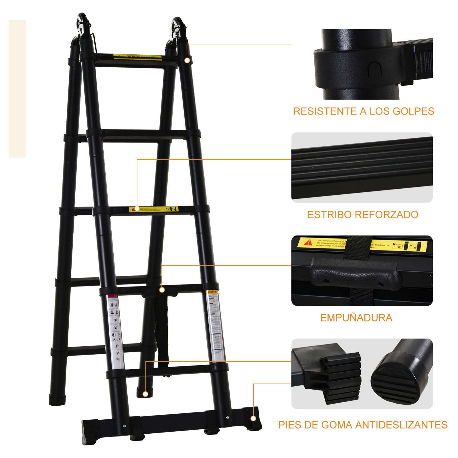 Escalera Telescópica Plagable Multifuncional Estable Marco en A Portátil de 10 Pasos 3 Formas Soporta 150 kg Aluminio 320x67x7 cm Negro