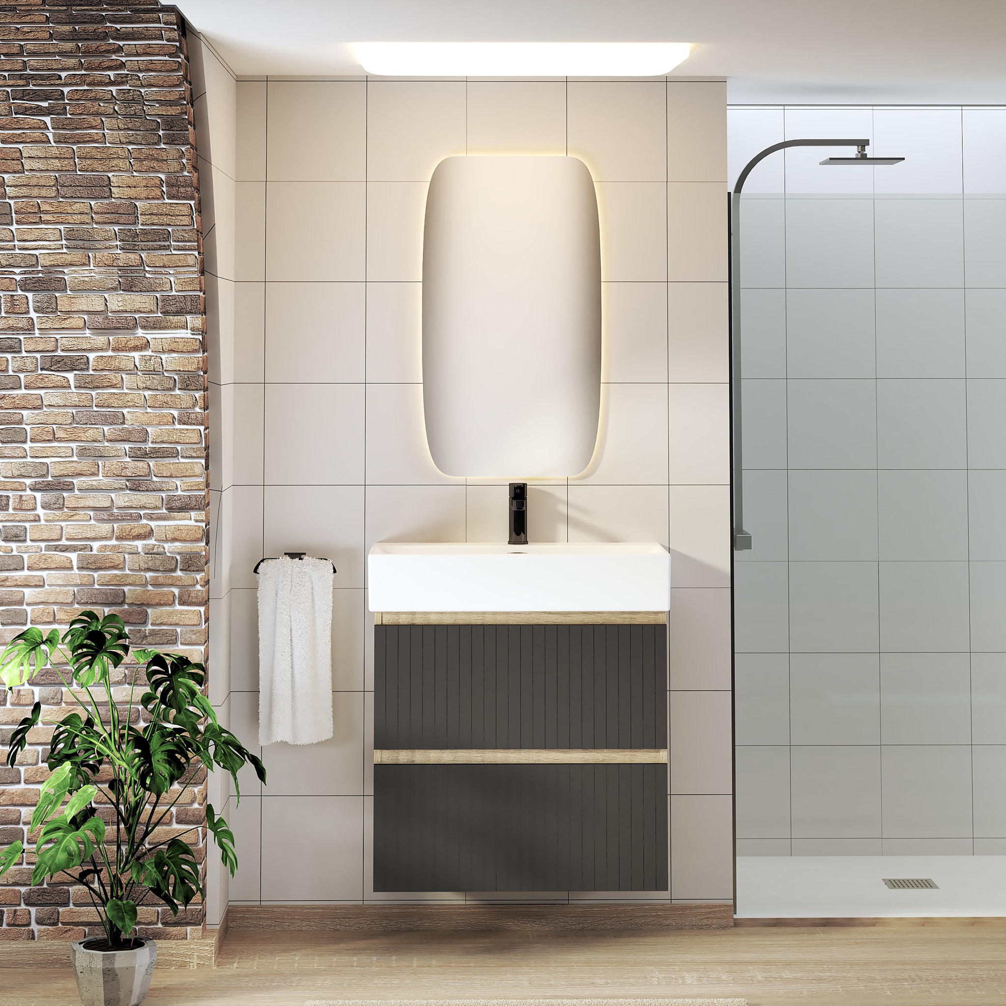 Ensemble de Salle de Bain Zel | Meuble Suspendu | 70 cm Noir | Deux Tiroirs | Lavabo Encastré | Miroir non inclus | Meuble Monté | Alday