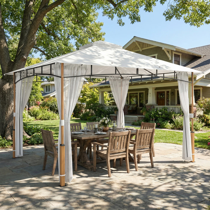 para Jardín 3x3,6 m, Pabellón de Jardín Gazebo con Doble Techo, Paredes de Malla, UPF50+, Estructura de Metal, Carpa para Exterior, Terraza, Patio, Crema y Teca