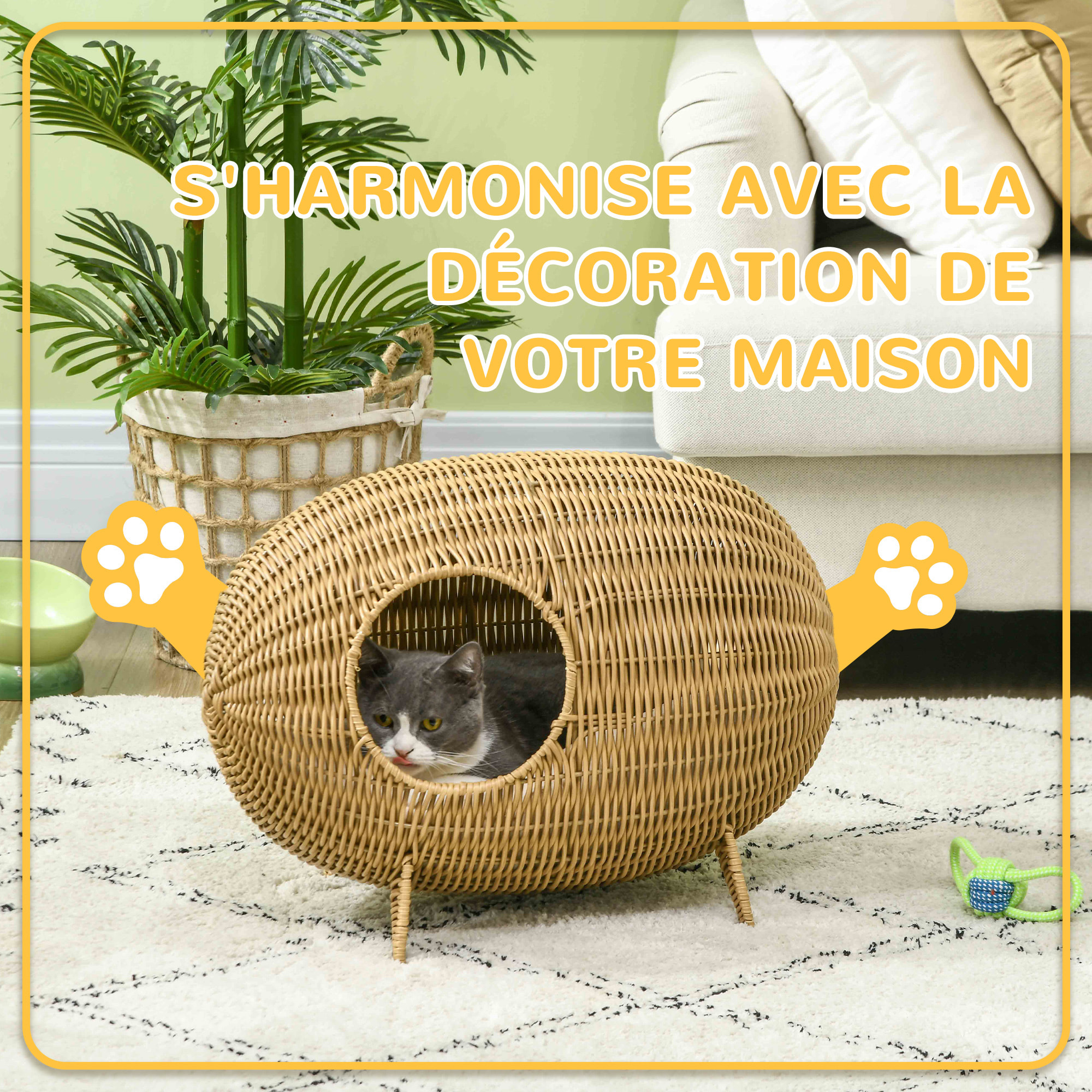 Panier pour chat en résine tressée imitation rotin grand confort dim. 55L x 36l x 42H cm coussin moelleux beige inclus