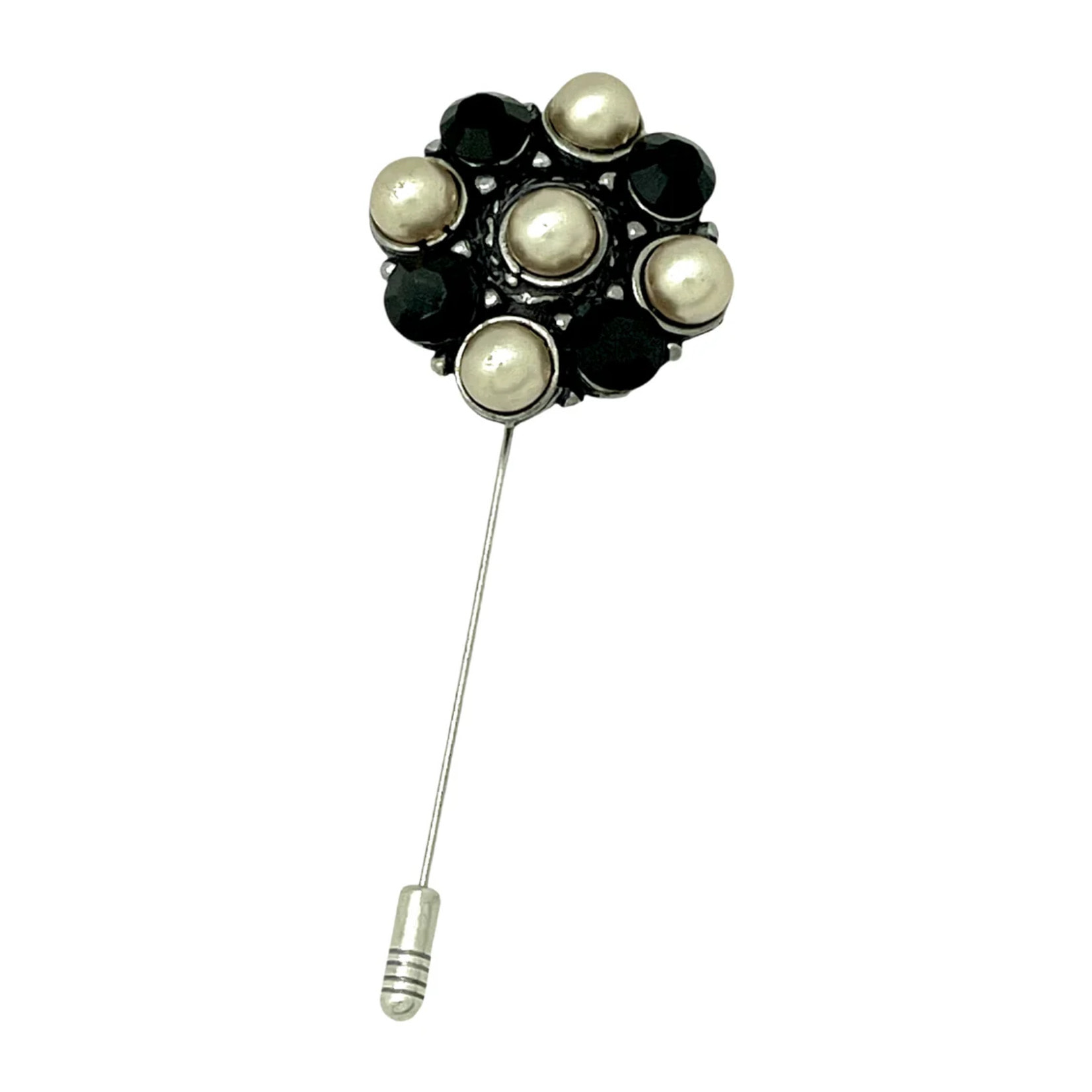 Broche - Alfiler Redondo con Perlas y Cristales Negros plata 10µ