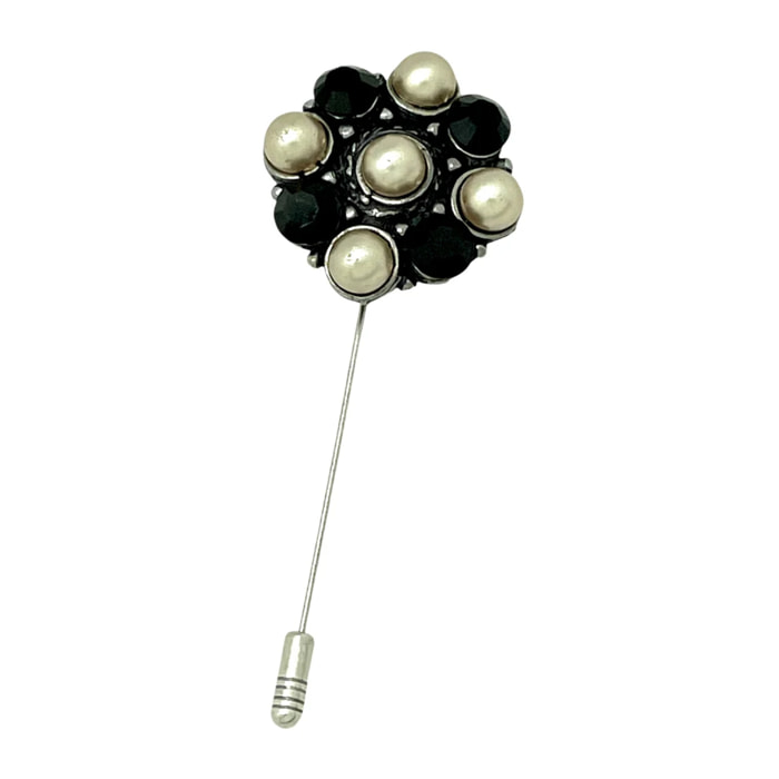 Broche - Alfiler Redondo con Perlas y Cristales Negros plata 10µ