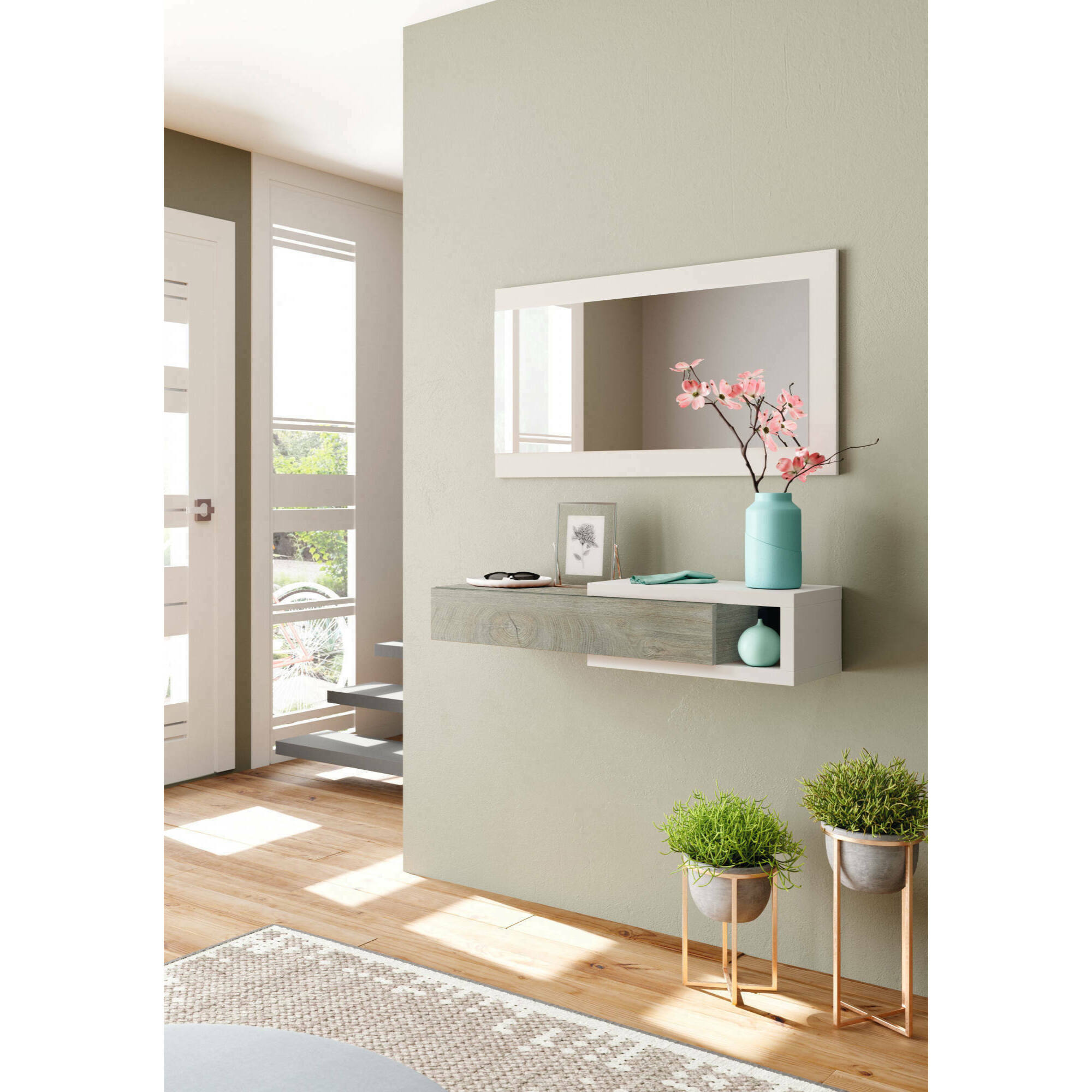 Mobile da ingresso Mcallen, Entratina reversibile con specchio, Mobile per atrio con cassetto, Svuotatasche per appartamenti, cm 95x26h69, Bianco e Rovere