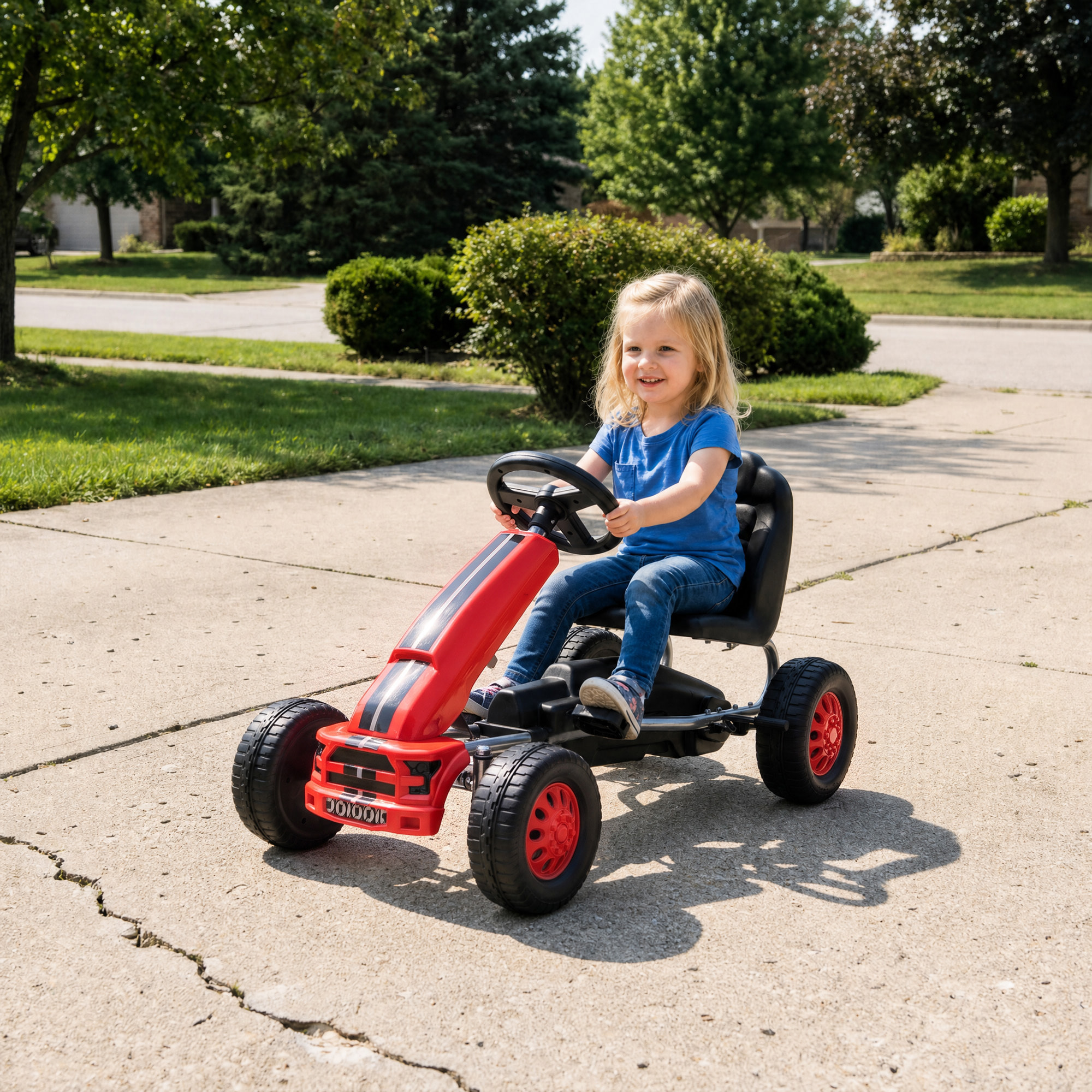 AIYAPLAY Kart Pedales para Niños de +3 Años, Go Kart con Asiento Ajustable, Volante, Freno Manual, Marco de Aluminio y Acero, Carga 30 kg, Rojo