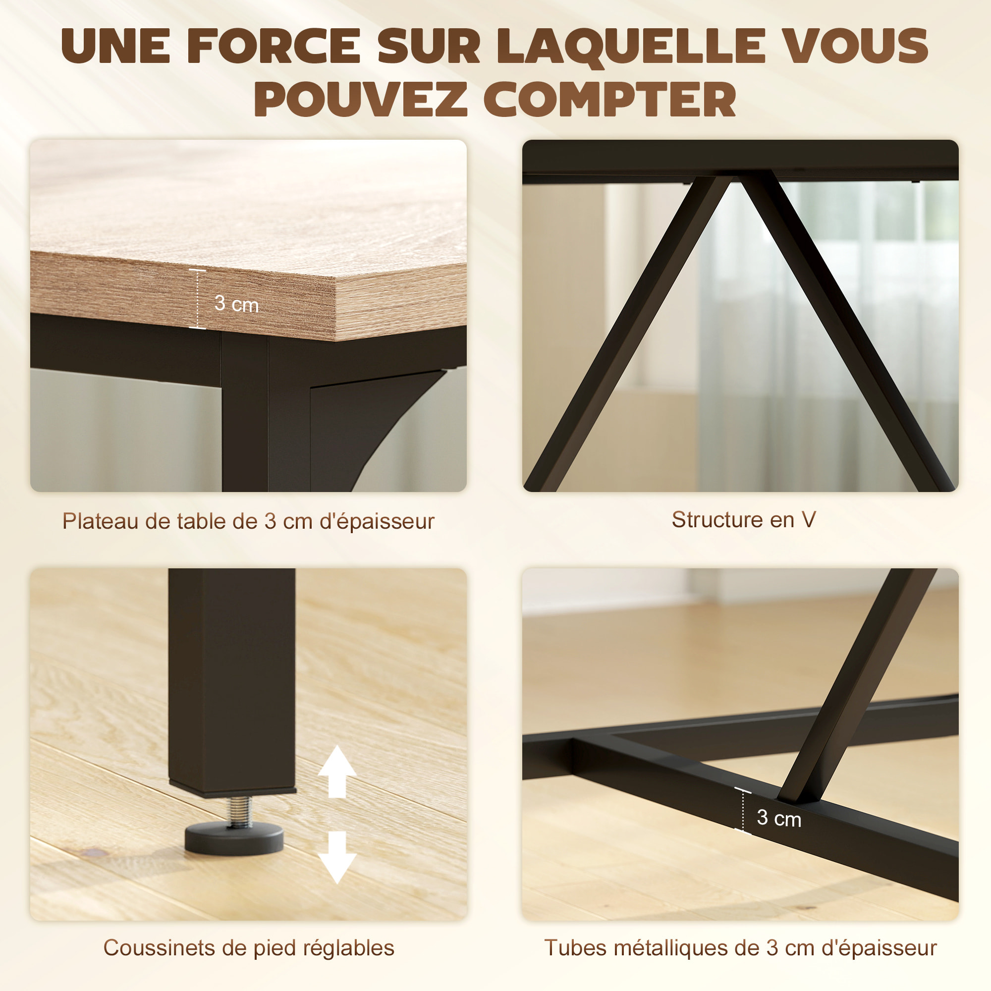 Table à manger style industriel 6-8 personnes dim. 180x80x75cm métal noir effet chêne clair