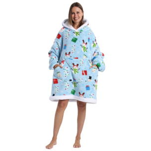 Accappatoio stile felpa e coperta in pile extra morbido. Triplo tascone frontale tipo kangaroo. Design natalizio blu tipo corto.