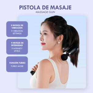 Pistola de masaje en forma de U con 9 modos e intensidades, pantalla LCD y 4 cabezales intercambiables. Con batería recargable y función turbo por presión.