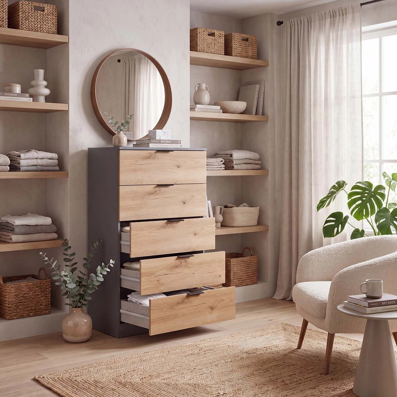 Cómoda alta de 5 cajones en gris grafito y alpine oak 60x110 cm Akari Gris Grafito - Alpine Oak