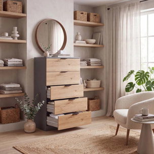 Cómoda alta de 5 cajones en gris grafito y alpine oak 60x110 cm Akari Gris Grafito - Alpine Oak