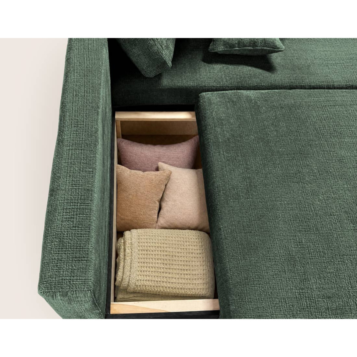 Miro - Canapé d'angle droit 4 places convertible avec coffre en velours texturé - Vert