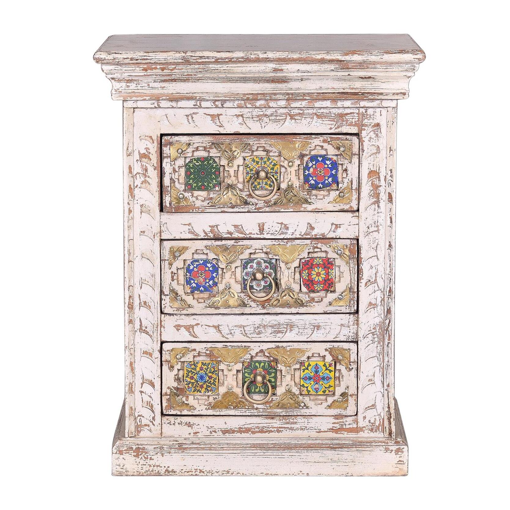 Mueble auxiliar - Madera de Mango, Cerámica y Bronce - 45x35x60cm