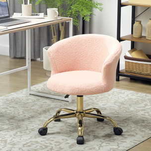 Chaise de bureau design effet courte laine bouclée piètement métal doré rose