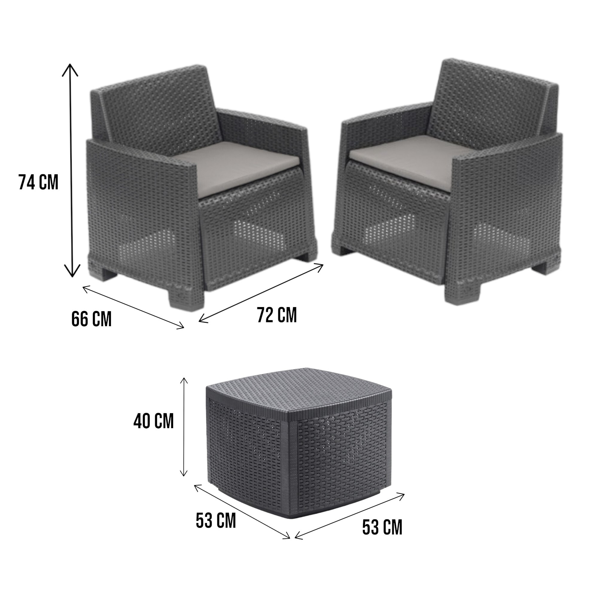 Set salotto da esterno Ari, Composizione da giardino con 2 poltrone e 1 tavolino contenitore, Effetto rattan con cuscini, 100% Made in Italy, Antracite