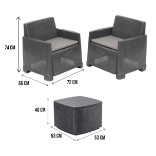 Set salotto da esterno Ari, Composizione da giardino con 2 poltrone e 1 tavolino contenitore, Effetto rattan con cuscini, 100% Made in Italy, Antracite