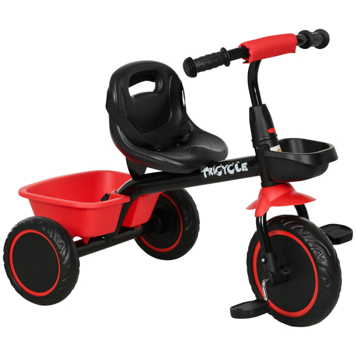Tricycle pour enfant évolutif avec siège réglable - pédales - 2 paniers - ceinture - pour enfant de 2 à 5 ans - rouge et noir