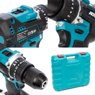 Taladro eléctrico inalámbrico 21V con doble velocidad, motor sin escobillas, maletín de transporte y 24 accesorios. 2 baterías de 6500 mAh.