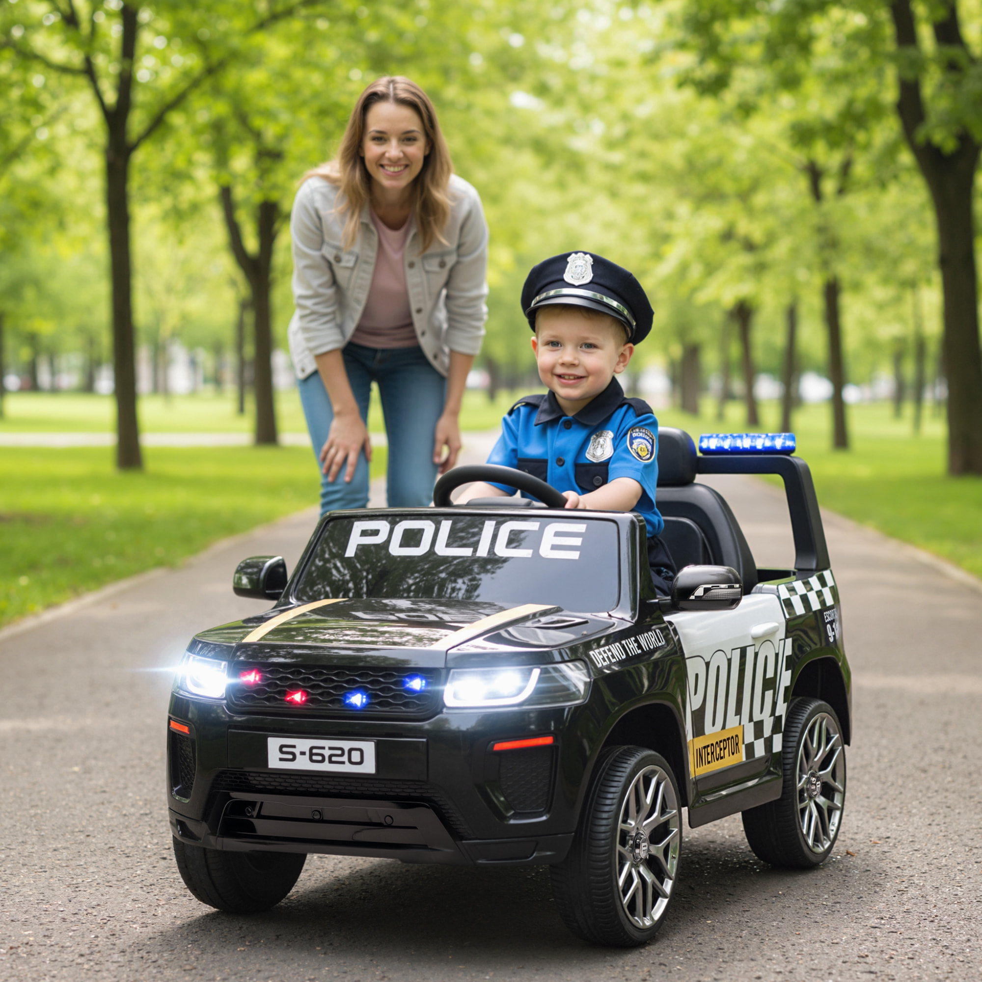 Coche Eléctrico para Niños de Policía, Coche de Batería 12V, con Motor Doble, Mando a Distancia 2,4 G, Suspensión en 4 Ruedas, Sirena, Faros LED, Puerto USB, Blutooth y Música, Negro