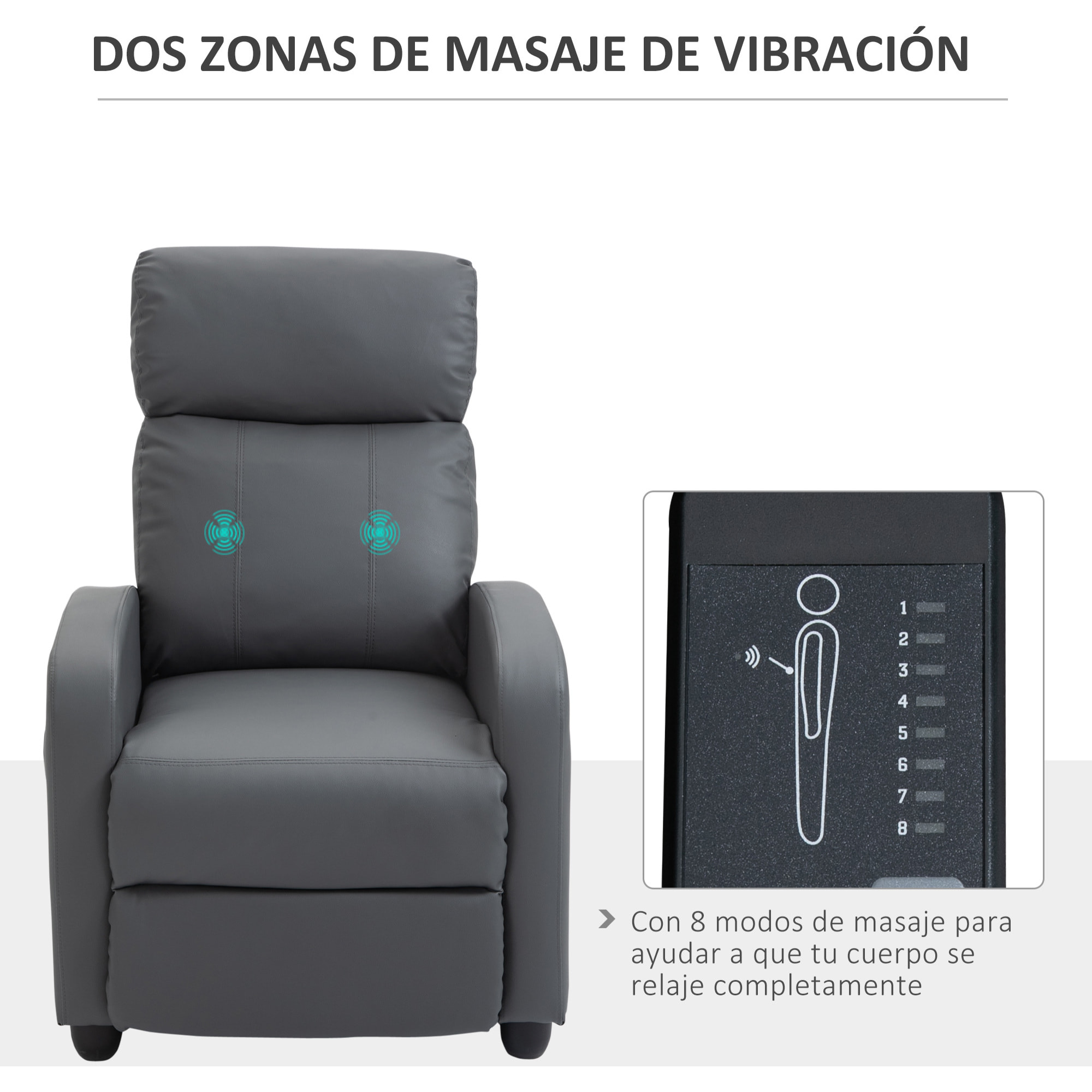 HOMCOM Sillón de Masaje Relax Reclinable con Mando a Distancia 2 Zonas de Masaje 8 Programas 5 Niveles de Intensidad y Temporizador Tapizado en PU 68x88x98 cm Gris