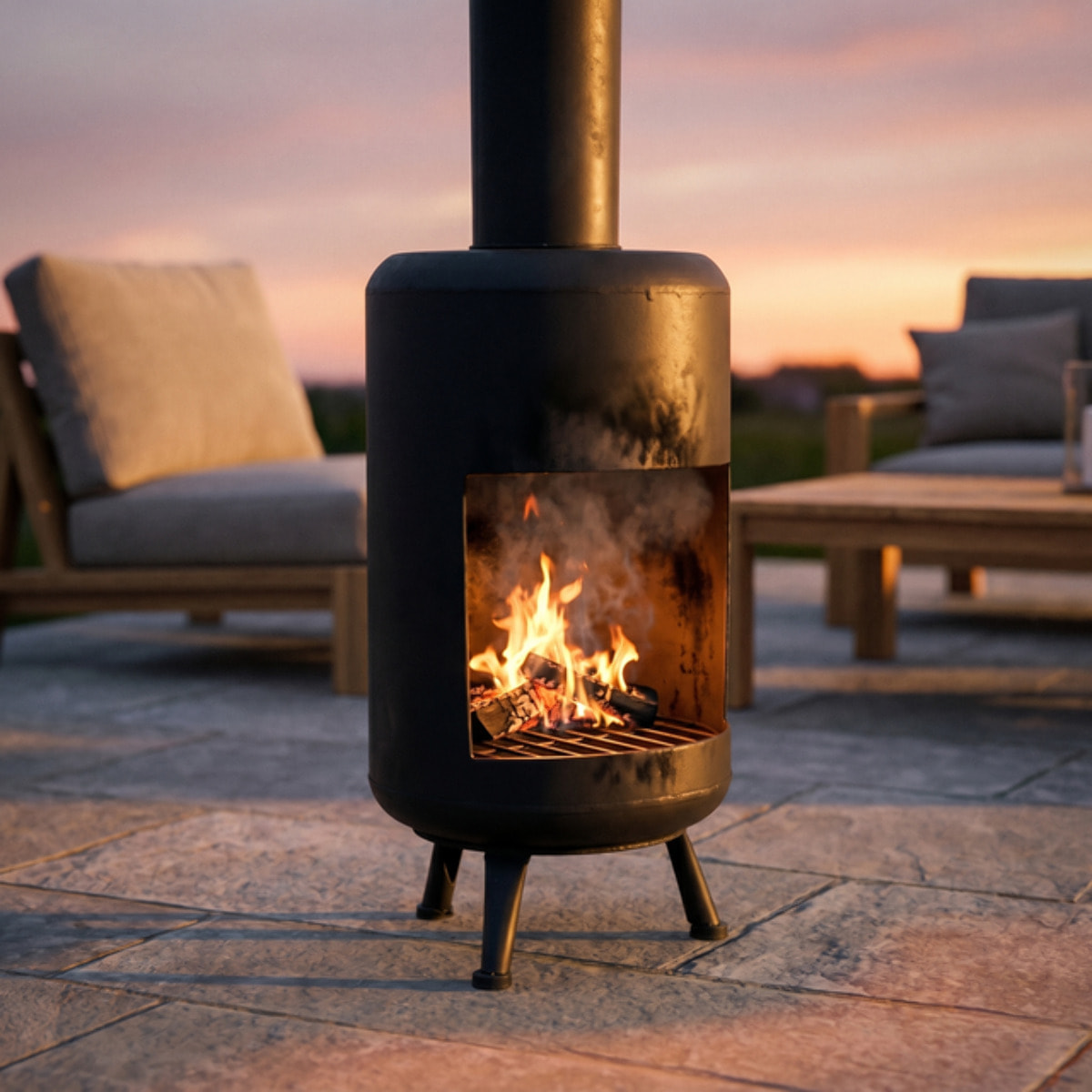 Caminetto da esterno in acciaio Darwin 100 cm, braciere a legna verticale con griglia interna, stufa outdoor resistente fino a 800°C, design industriale moderno, ideale per giardino terrazzo patio e balcone